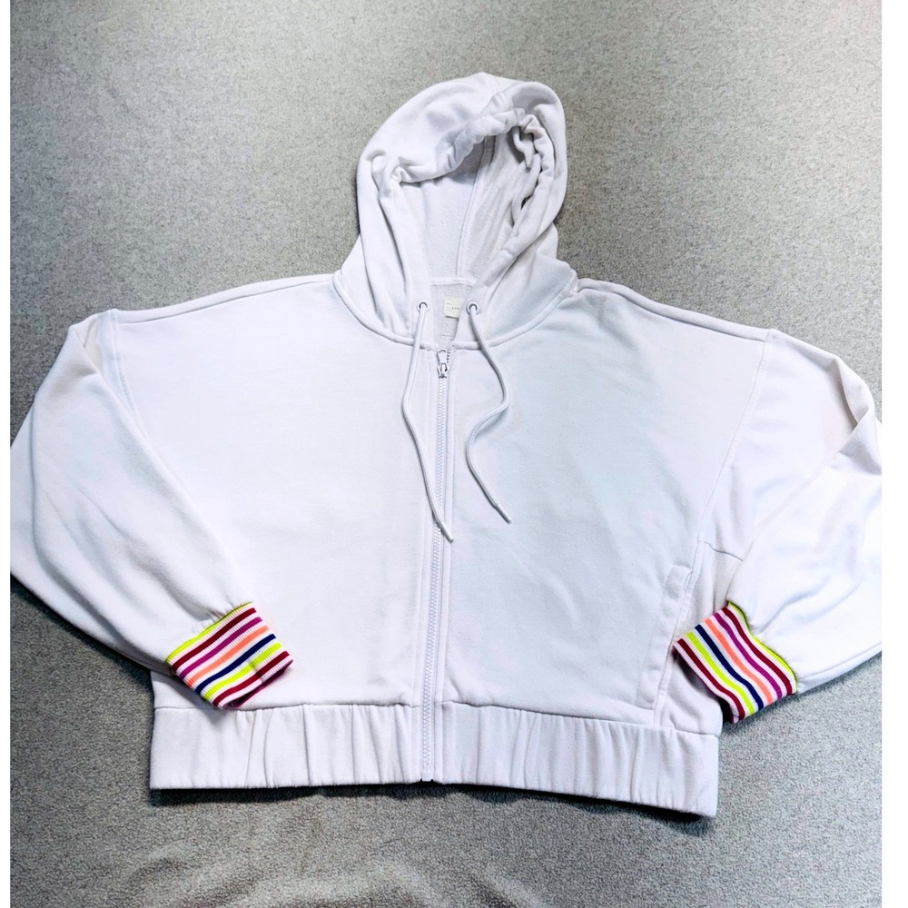 Lou & Grey Zip Up Hoodie Womens Medium White Rainbow Striped Cuff‎ Cropped